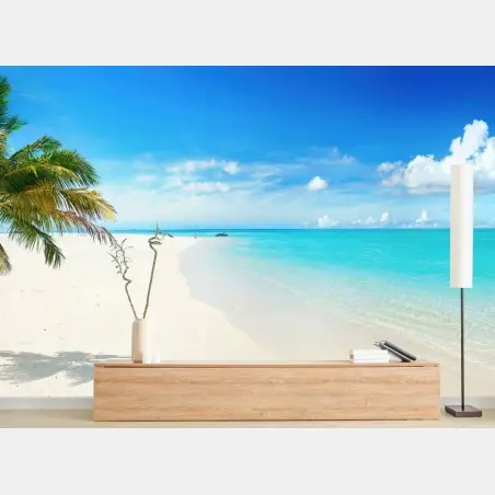 Papier peint plage paradisiaque avec palmier solitaire – Wallnifity®