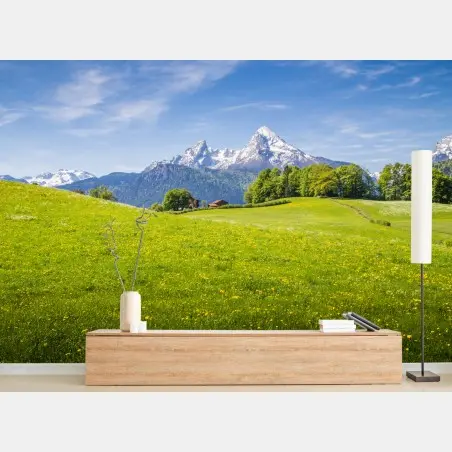 Papier peint vue alpine printanière sur montagnes enneigées et prairies – Wallnifity®