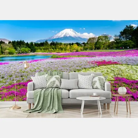 Papier peint tapis floral coloré devant Mont Fuji – Wallnifity®