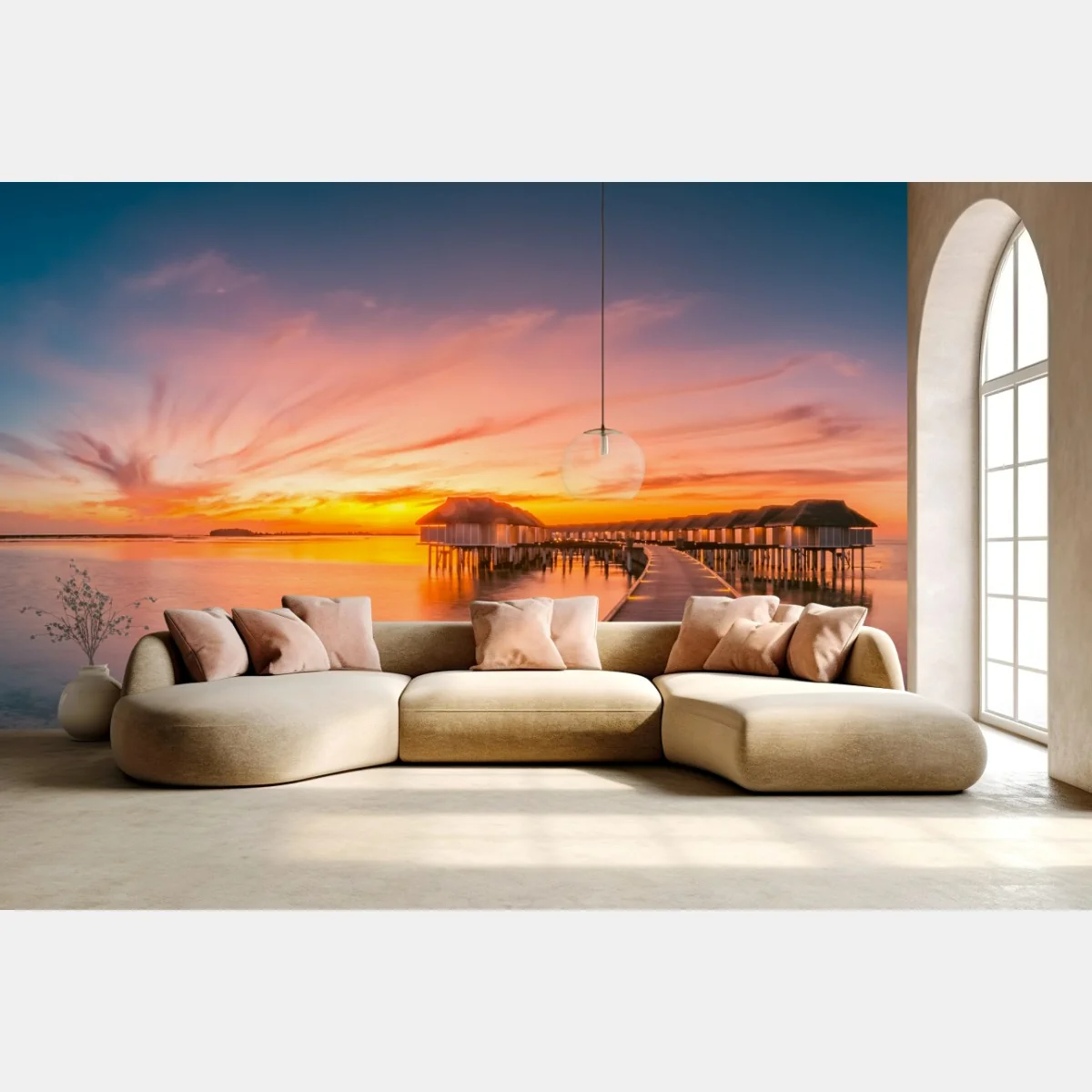 Papier peint ponton menant aux bungalows au coucher de soleil – Wallnifity® Papier peint ponton menant aux bungalows au coucher de soleil – Wallnifity®