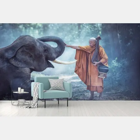 Papier peint rencontre sacrée : moine bouddhiste et éléphant en Thaïlande – Wallnifity®