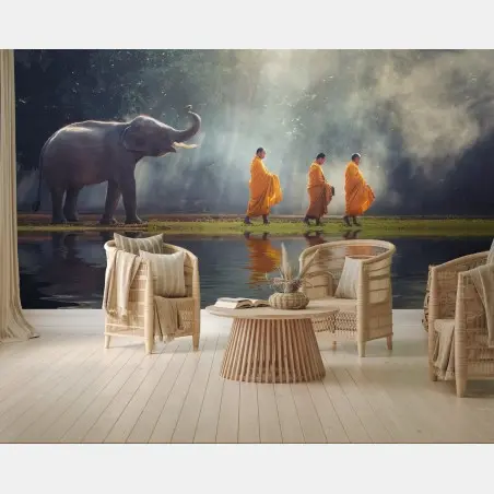 Papier peint procession de moines bouddhistes et éléphant en Thaïlande – Wallnifity®