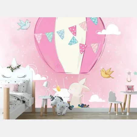 Papier peint ballon rose et lapins câlins – Wallnifity®