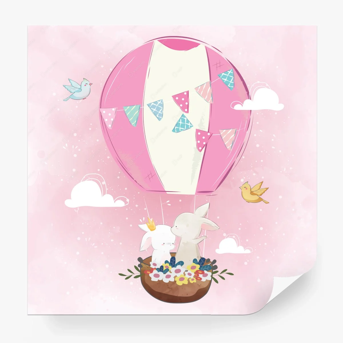 Papier peint ballon rose et lapins câlins – Wallnifity®