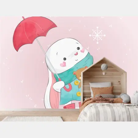 Papier peint lapin mignon au parapluie rose – Wallnifity®