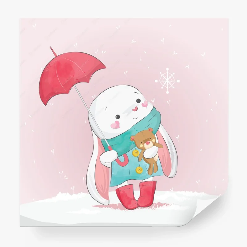 Papier peint lapin mignon au parapluie rose – Wallnifity® Papier peint lapin mignon au parapluie rose – Wallnifity®