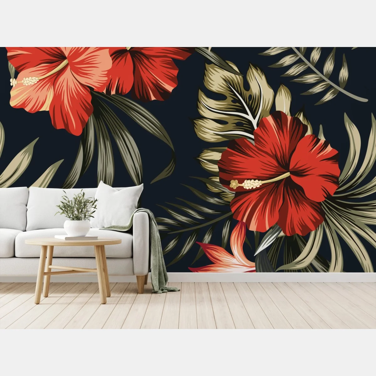 Papier peint motif hibiscus tropical sur fond sombre – Wallnifity® Papier peint motif hibiscus tropical sur fond sombre – Wallnifity®