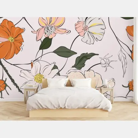 Papier peint motif floral délicat aux fleurs orange et blanches – Wallnifity®