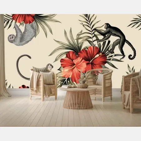 Papier peint jungle tropicale aux hibiscus et singes – Wallnifity®