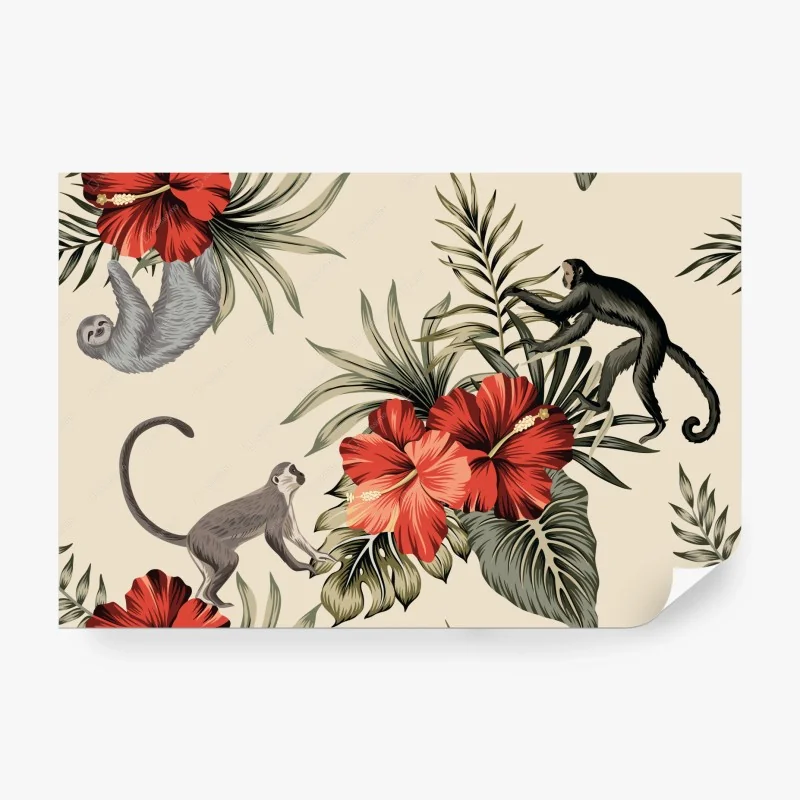 Papier peint jungle tropicale aux hibiscus et singes – Wallnifity®