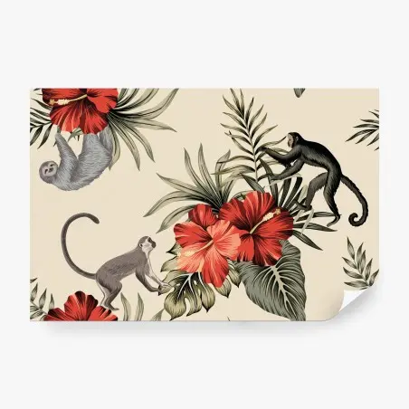 Papier peint jungle tropicale aux hibiscus et singes – Wallnifity®