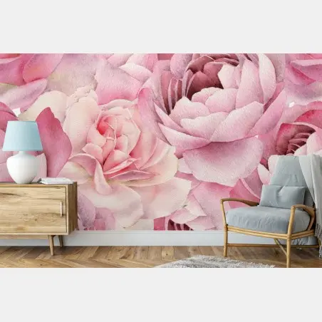 Papier peint motif floral aquarelle aux roses poudrées – Wallnifity®