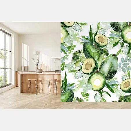 Papier peint motif aquarelle avocat et feuillages verts – Wallnifity®