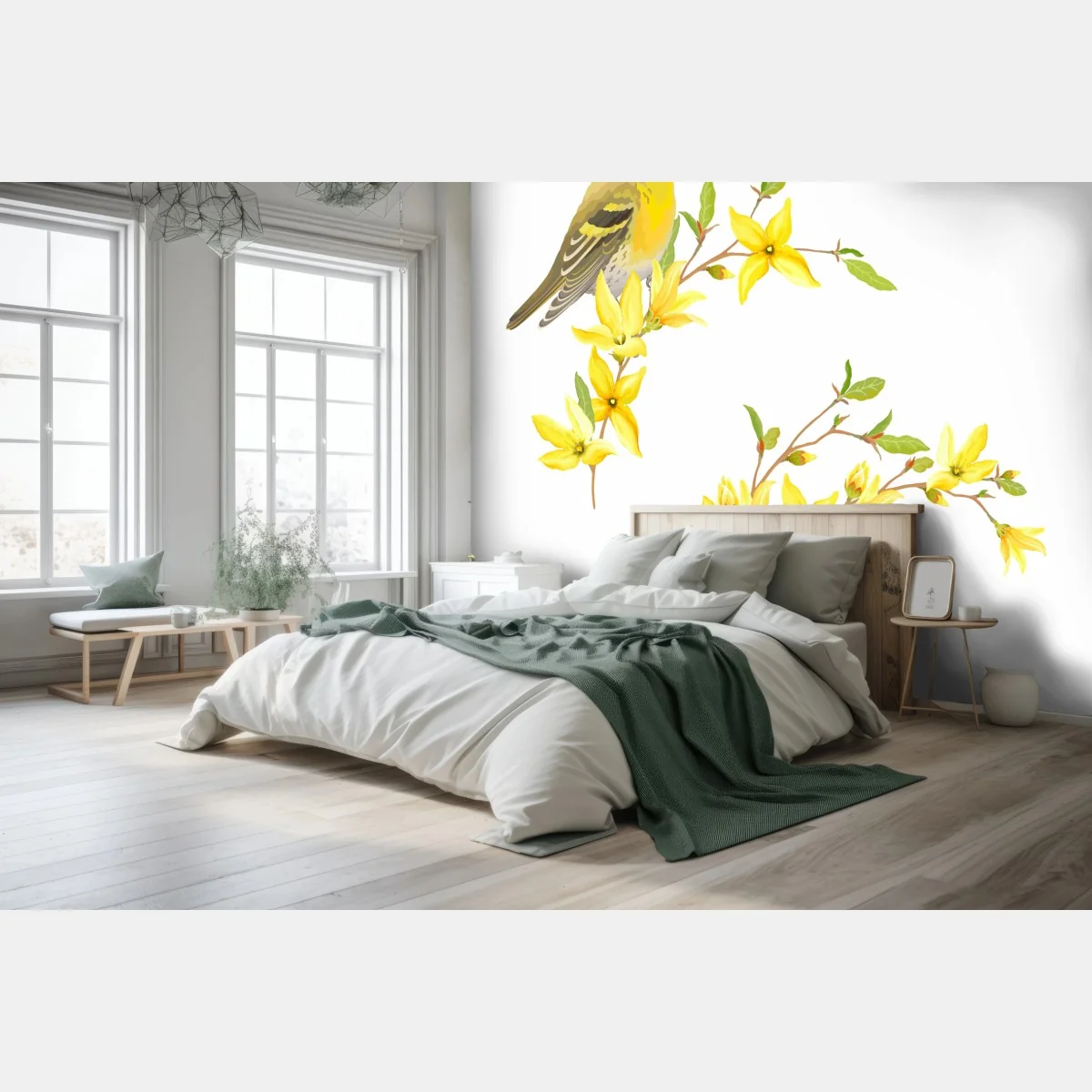 Papier peint oiseau jaune et fleurs printanières en aquarelle – Wallnifity® Papier peint oiseau jaune et fleurs printanières en aquarelle – Wallnifity®