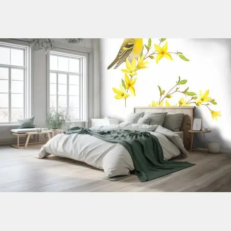 Papier peint oiseau jaune et fleurs printanières en aquarelle – Wallnifity®