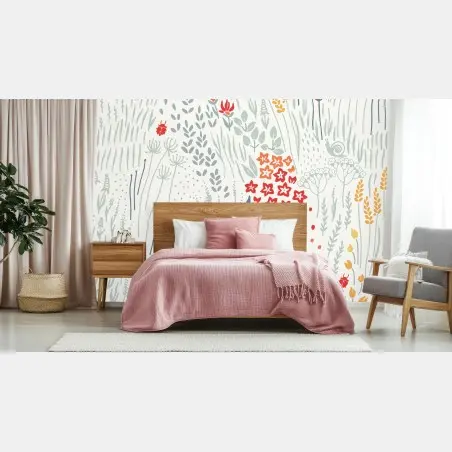 Papier peint motif floral champêtre aux accents rouges et jaunes – Wallnifity®