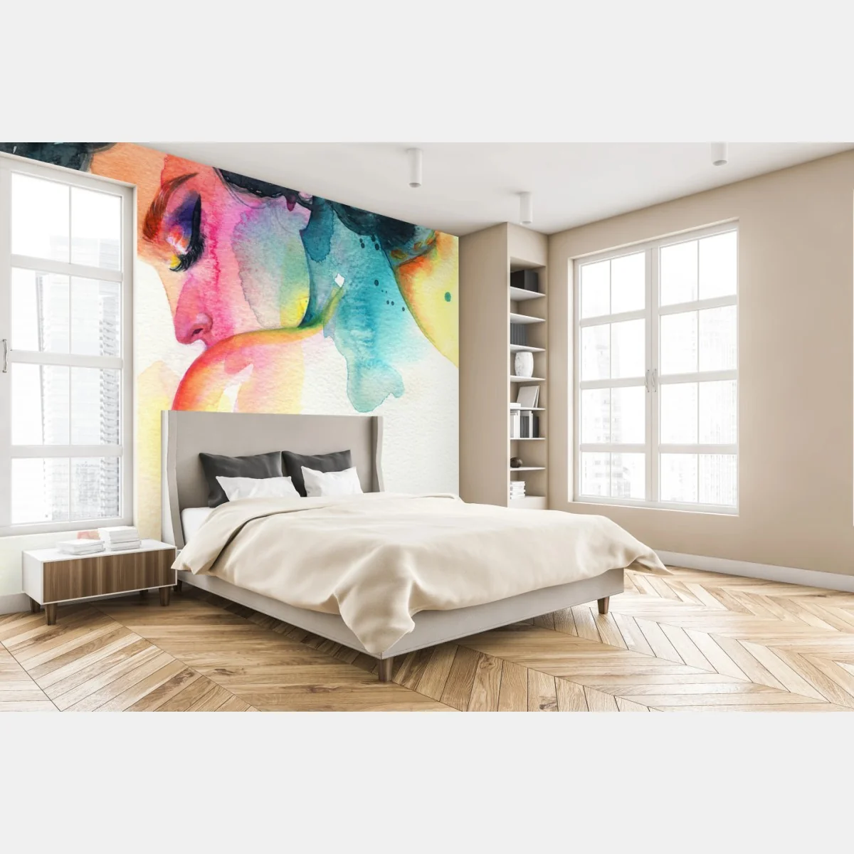 Papier peint portrait aquarelle coloré d'une femme – Wallnifity® Papier peint portrait aquarelle coloré d'une femme – Wallnifity®