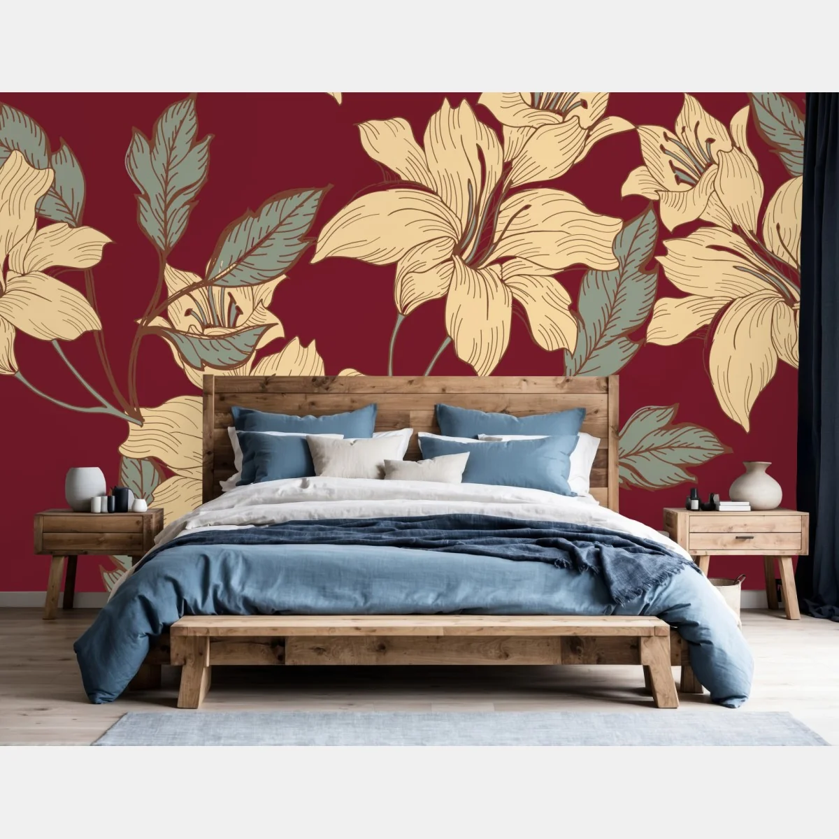 Papier peint motif floral de lys sur fond bordeaux – Wallnifity® Papier peint motif floral de lys sur fond bordeaux – Wallnifity®