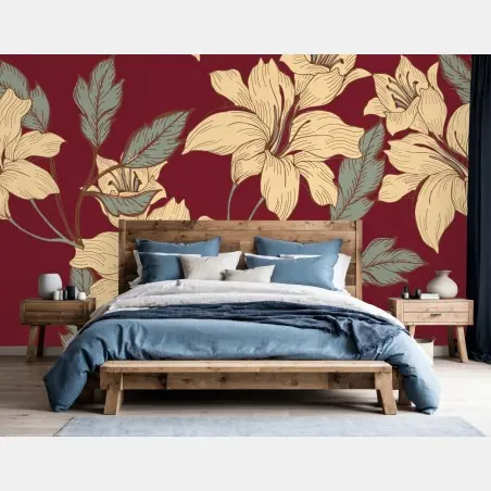 Papier peint motif floral de lys sur fond bordeaux – Wallnifity®