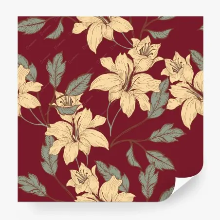 Papier peint motif floral de lys sur fond bordeaux – Wallnifity®