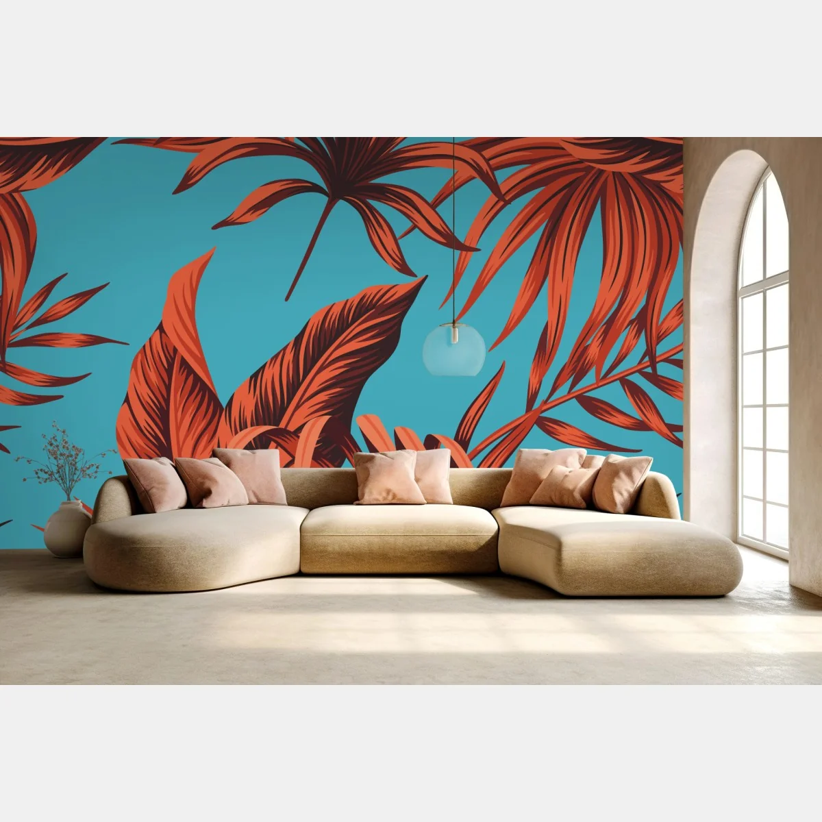 Papier peint motif tropical feuilles orange sur fond turquoise – Wallnifity® Papier peint motif tropical feuilles orange sur fond turquoise – Wallnifity®