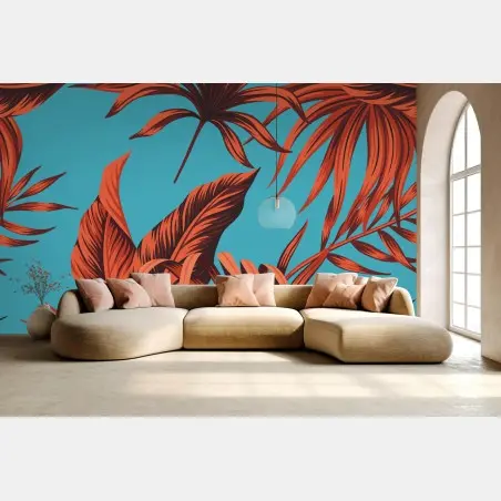 Papier peint motif tropical feuilles orange sur fond turquoise – Wallnifity®