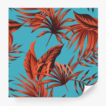 Papier peint motif tropical feuilles orange sur fond turquoise – Wallnifity®