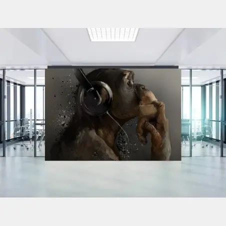 Papier peint singe pensif aux écouteurs en illustration moderne – Wallnifity®