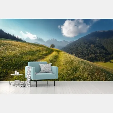 Papier peint sentier vers les Dolomites : paysage alpin ensoleillé – Wallnifity®