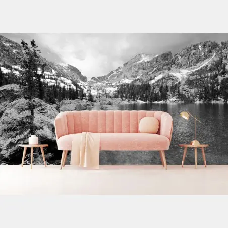Papier peint paysage alpin serein en noir et blanc – Wallnifity®