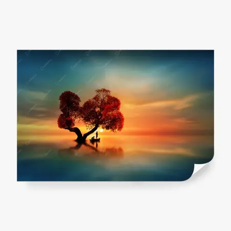 Papier peint arbre rouge au coucher de soleil sur le lac – Wallnifity®
