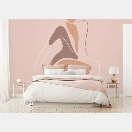 Papier peint femme au chapeau, illustration minimaliste en tons pastel – Wallnifity®