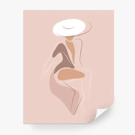 Papier peint femme au chapeau, illustration minimaliste en tons pastel – Wallnifity®