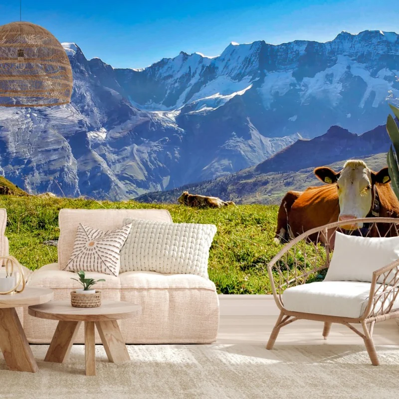 Papier peint vache au repos sur une prairie alpine – Wallnifity® Papier peint vache au repos sur une prairie alpine – Wallnifity®