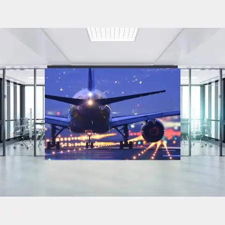 Papier peint avion nocturne sur piste illuminée – Wallnifity®