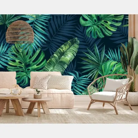 Papier peint motif tropical de feuilles vertes à l'aquarelle – Wallnifity®