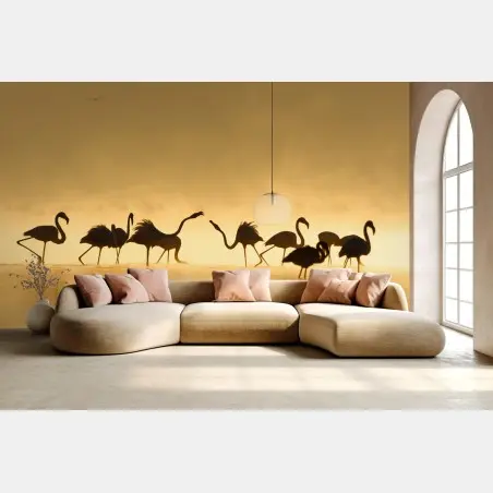 Papier peint famille de flamants en silhouette au lever du soleil – Wallnifity®