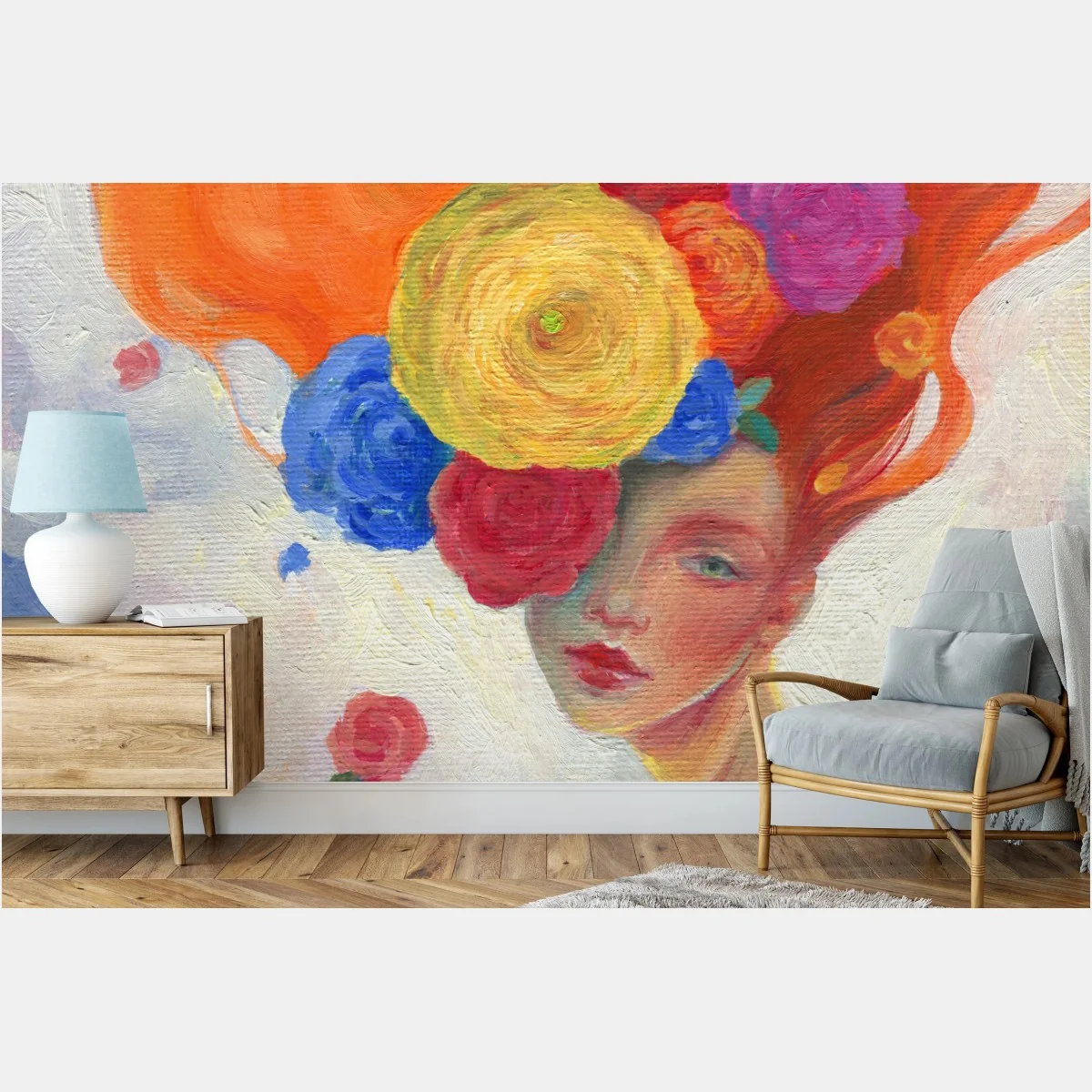 Papier peint portrait onirique de femme aux fleurs et cheveux flamboyants – Wallnifity® Papier peint portrait onirique de femme aux fleurs et cheveux flamboyants – Wallnifity®
