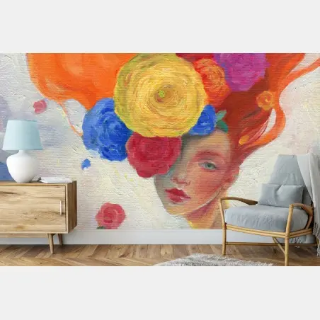 Papier peint portrait onirique de femme aux fleurs et cheveux flamboyants – Wallnifity®