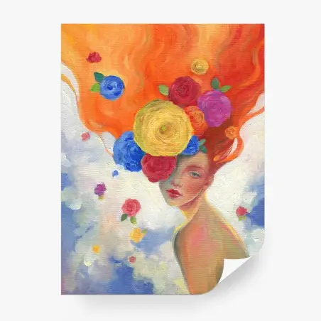 Papier peint portrait onirique de femme aux fleurs et cheveux flamboyants – Wallnifity®
