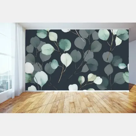 Papier peint motif eucalyptus en aquarelle sur fond sombre – Wallnifity®