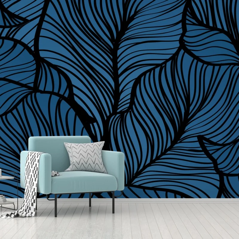 Papier peint feuillage stylisé bleu profond – Wallnifity®