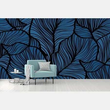 Papier peint feuillage stylisé bleu profond – Wallnifity®