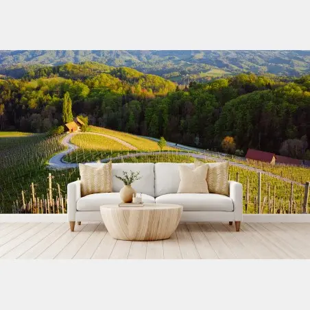Papier peint vignoble sur les collines au soleil couchant – Wallnifity®