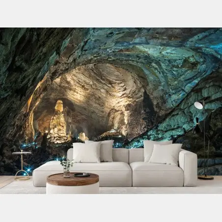 Papier peint intérieur de grotte illuminée avec formations rocheuses – Wallnifity®