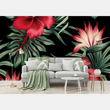 Papier peint motif tropical hibiscus et feuillage luxuriant – Wallnifity®