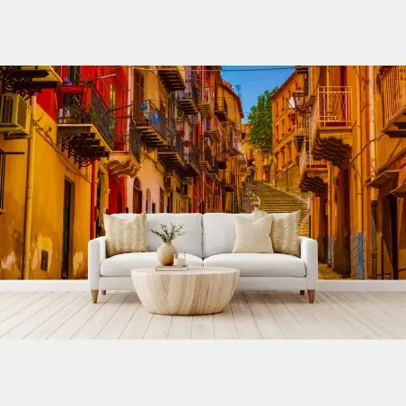Papier peint ruelle en escalier colorée au charme méditerranéen – Wallnifity®