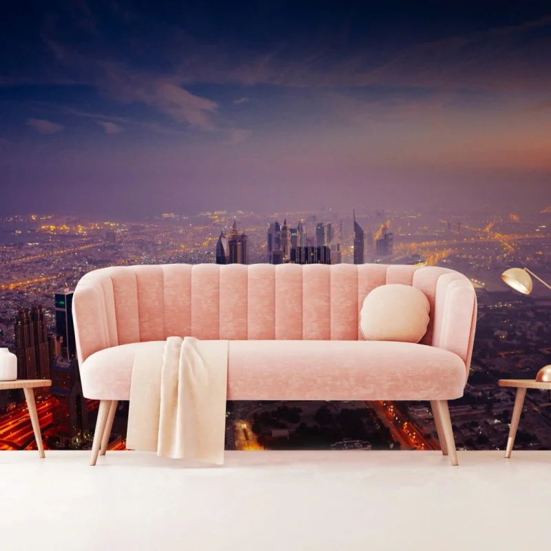 Papier peint panorama urbain illuminé au crépuscule – Wallnifity®