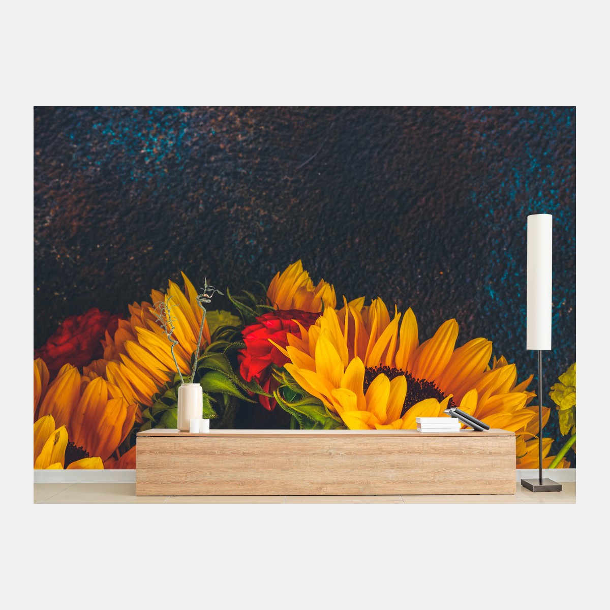 Papier peint bouquet de tournesols lumineux sur fond texturé – Wallnifity®