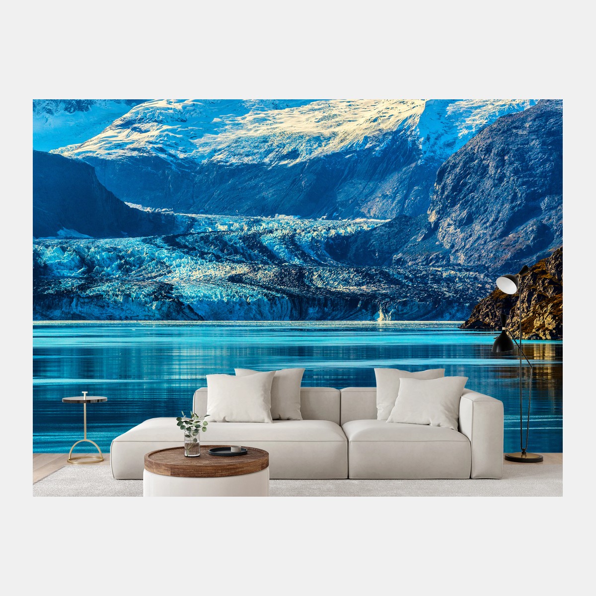 Papier peint panorama alpin : glacier et reflets turquoise – Wallnifity®